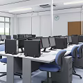 Modern Computer Classroom Interior With Neat Desks Computers Green Blackboard Windows And Lighting 3d model