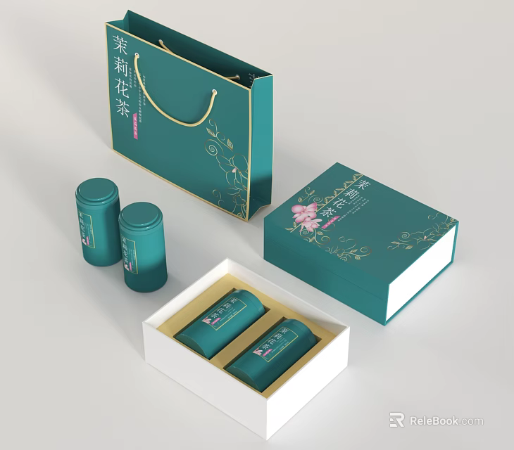 Elegant Green Flower Tea Gift Set With Boxes Cans Shopping Bag And Floral Pink Patterns 3d model 