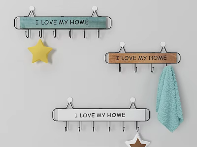 Wall Mounted Decorative Hooks With I LOVE MY HOME Signs Star Decor And Towel 3d model