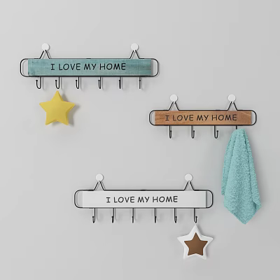 Wall Mounted Decorative Hooks With I LOVE MY HOME Signs Star Decor And Towel 3d model