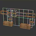 Modern Multi Tiered Shelf With Wooden Bases And Metal Grid Structure