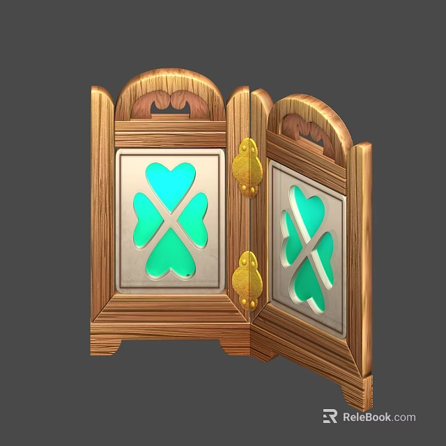 Wooden Double Panel Screen With Open Design Green Clover Pattern Silver Frame And Carved Top 3d model 