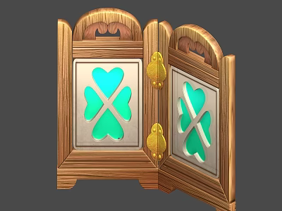 Wooden Double Panel Screen With Open Design Green Clover Pattern Silver Frame And Carved Top 3d model