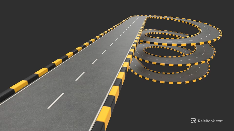 Car Driving On Curved Road With Yellow And Black Guardrails And Winding Path 3d model 