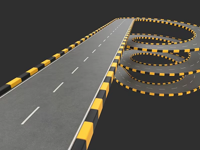 Car Driving On Curved Road With Yellow And Black Guardrails And Winding Path 3d model