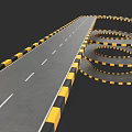 Car Driving On Curved Road With Yellow And Black Guardrails And Winding Path