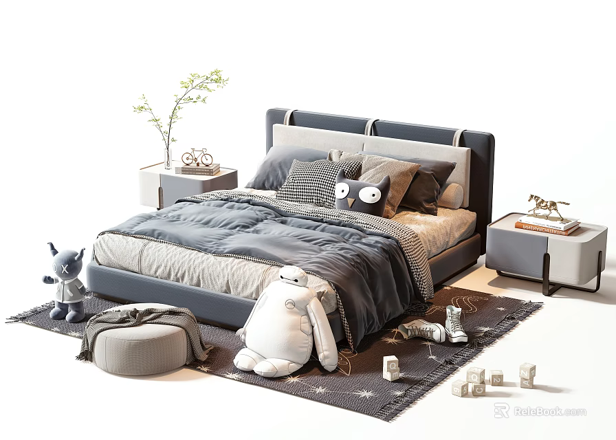 Cozy Double Bed With Gray Comforter Pillows Stuffed Toys Nightstands And Soft Rug 3d model 