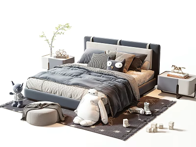 Cozy Double Bed With Gray Comforter Pillows Stuffed Toys Nightstands And Soft Rug 3d model