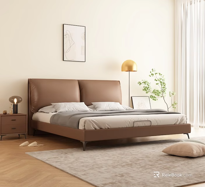 Modern Minimalist Bedroom Interior With Brown Leather Bed Nightstand Lamp Rug And Decorative Painting 3d model 