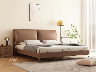 Modern Minimalist Bedroom Interior With Brown Leather Bed Nightstand Lamp Rug And Decorative Painting 3d model