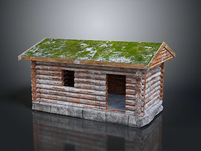 Traditional Log Cabin With Moss Covered Roof Wooden Logs Stone Base And Small Window 3d model