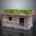 Traditional Log Cabin With Moss Covered Roof Wooden Logs Stone Base And Small Window