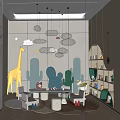 Kids Playroom with Cloud Pendant Lights Giraffe Plush Toy Cactus Decorations and Upholstered Seats