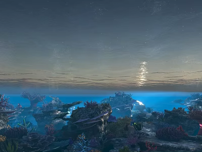 Enchanting Underwater Garden Landscape Featuring Coral Rocks Architectural Structures And Starry Night Sky Light 3d model