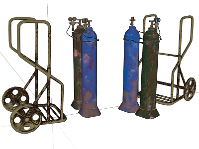 Rusty Blue Green Brown Gas Cylinders With Metal Transport Carts For Public Facility 3d model