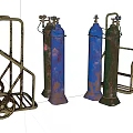 Rusty Blue Green Brown Gas Cylinders With Metal Transport Carts For Public Facility