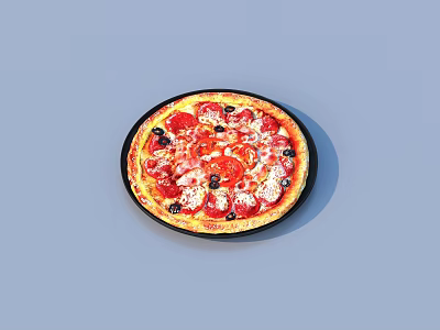 Delicious Fresh Pizza Topped With Tomatoes Olives And Melted Cheese On Black Plate 3d model