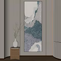 Abstract Decorative Painting With Blue Green Pattern And White Vase On Wooden Table