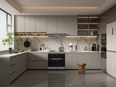 Modern Kitchen Interior Design With Grey Cabinets Marble Countertop Window Plant And Appliances 3d model