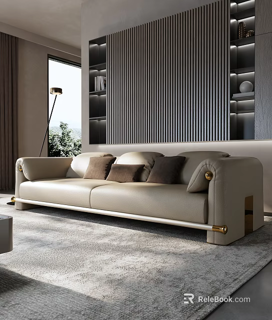 Elegant Beige Leather Two-Seater Sofa With Metal Accents Textured Wall Floor-To-Ceiling Window And Rug 3d model 