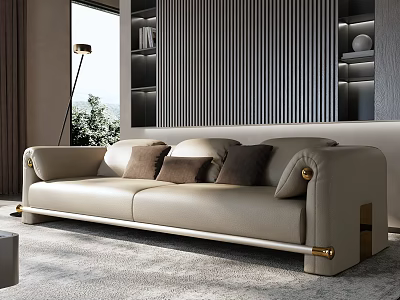 Elegant Beige Leather Two-Seater Sofa With Metal Accents Textured Wall Floor-To-Ceiling Window And Rug 3d model