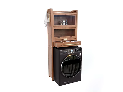 Wooden Storage Cabinet With Drawers And Shelves For Laundry Room Black Washing Machine 3d model