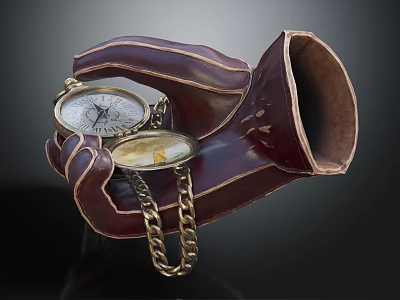Elegant Brown Leather Gloves Holding Vintage Pocket Watch With Gold Chain 3d model