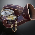 Elegant Brown Leather Gloves Holding Vintage Pocket Watch With Gold Chain