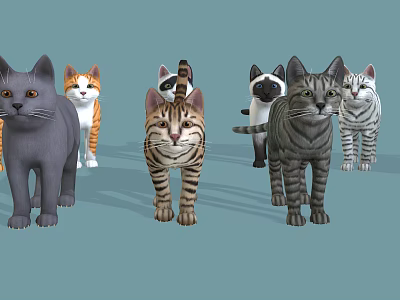 Various Breeds and Colored Cats with Distinct Patterns Standing on Blue Background 3d model