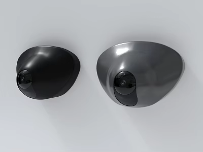 Round Shape Black and Silver Security Cameras Mounted on White Wall 3d model