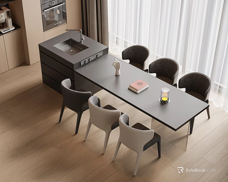 Modern Dining Table And Chairs Set With Gray Tabletop And Sleek Seats In Bright Sunlit Space 3d model 