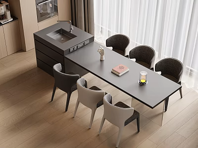 Modern Dining Table And Chairs Set With Gray Tabletop And Sleek Seats In Bright Sunlit Space 3d model