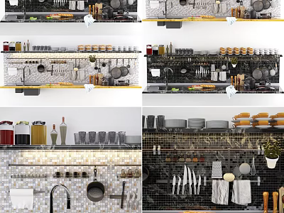 Elegant Organized Kitchen Cookware Display With Hanging Pots And Storage Shelves 3d model