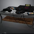 Vintage Gaming Console With Dual Controllers And Game Cartridges On Table 3d model