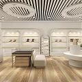 Modern Boutique With White Curved Shelves Round Display Table Shoes Decorations Wooden Flooring Bright Lights