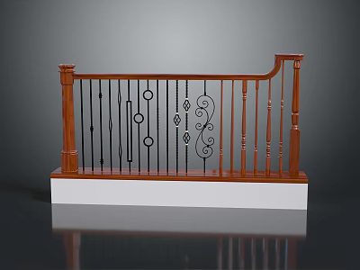 Scenic Outdoor Landscape Featuring Wooden Handrail Black Metal Balusters Decorative Scrolls And White Base 3d model
