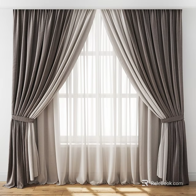Elegant Modern Gray Velvet Curtains With White Sheer And Tiebacks For Window 3d model 