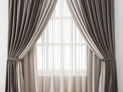 Elegant Modern Gray Velvet Curtains With White Sheer And Tiebacks For Window 3d model
