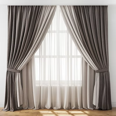 Elegant Modern Gray Velvet Curtains With White Sheer And Tiebacks For Window 3d model
