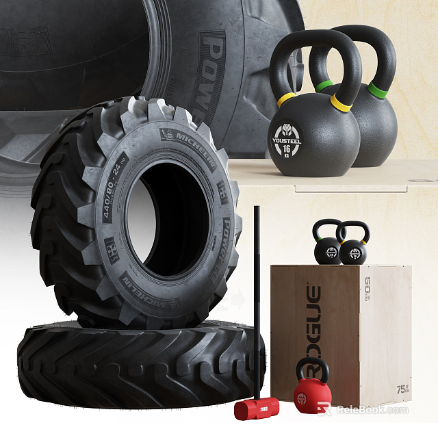 Heavy Duty Fitness Training Tire with Black Kettlebells and Wooden Box Equipment 3d model 