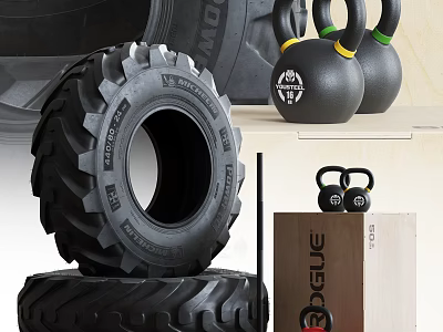 Heavy Duty Fitness Training Tire with Black Kettlebells and Wooden Box Equipment 3d model
