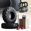 Heavy Duty Fitness Training Tire with Black Kettlebells and Wooden Box Equipment
