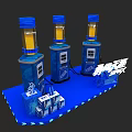 SuperX Beverage Display With Blue Bottles Yellow Liquid Packaging Boxes And Lighting Effects 3d model