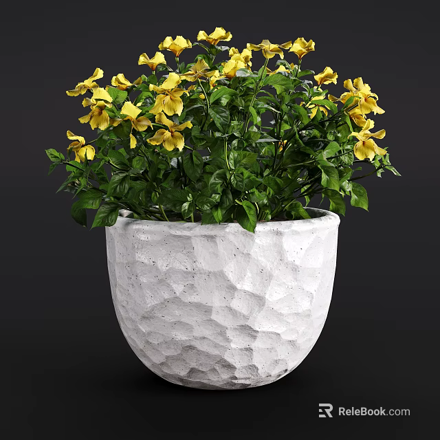 Bonsai Potted Plant In White Textured Pot With Yellow Flowers And Green Leaves 3d model 