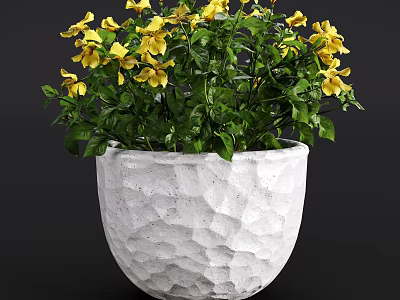 Bonsai Potted Plant In White Textured Pot With Yellow Flowers And Green Leaves 3d model