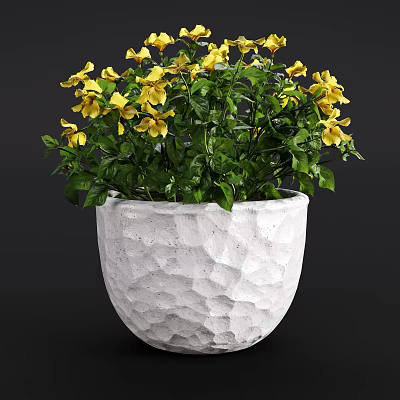 Bonsai Potted Plant In White Textured Pot With Yellow Flowers And Green Leaves 3d model