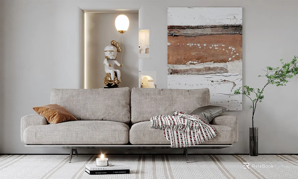 Light Gray Two Seater Sofa with Pillows Blanket Decorative Painting Sculpture and Lamp 3d model 