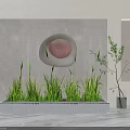 Green Grass Potted In Rectangular Concrete Planter With Modern Wall Decor 3d model