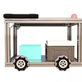 Solar Powered Mobile Cart With Pink Hat White And Blue Boxes And Wheels
