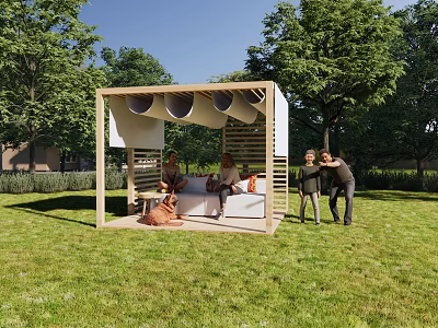 Wooden Pergola With Canopy Shade Seating Area In Grass Lawn Surrounded By Trees And People 3d model
